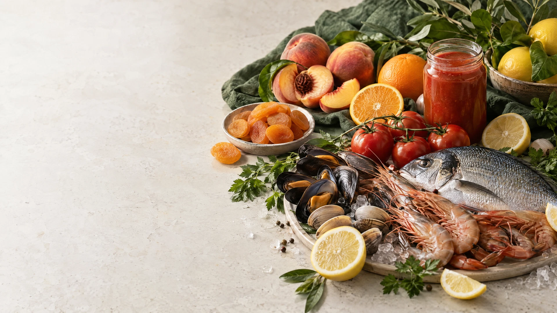 Seleção de pescados, frutas, frutas secas e tomate